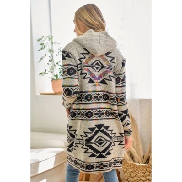 Oatmeal Rainbow Aztec Sherpa Lined Knit Button Hooded Cardigan Sweater - Picture 4 of 6